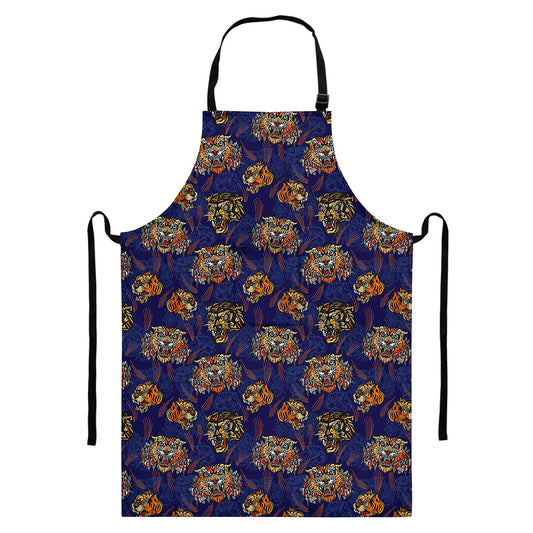 Blue Tiger Tattoo Pattern Print Bib Apron With Pocket