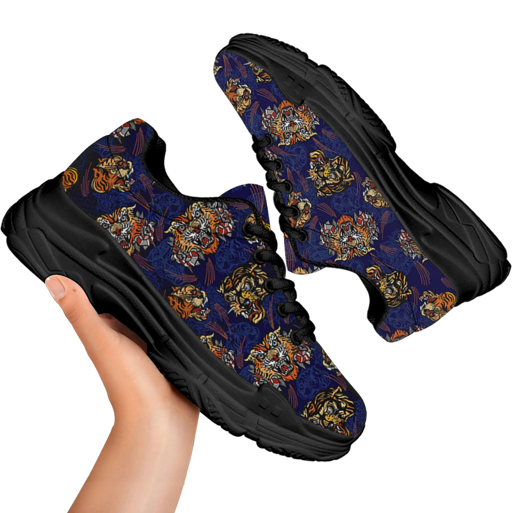 Blue Tiger Tattoo Pattern Print Black Chunky Shoes