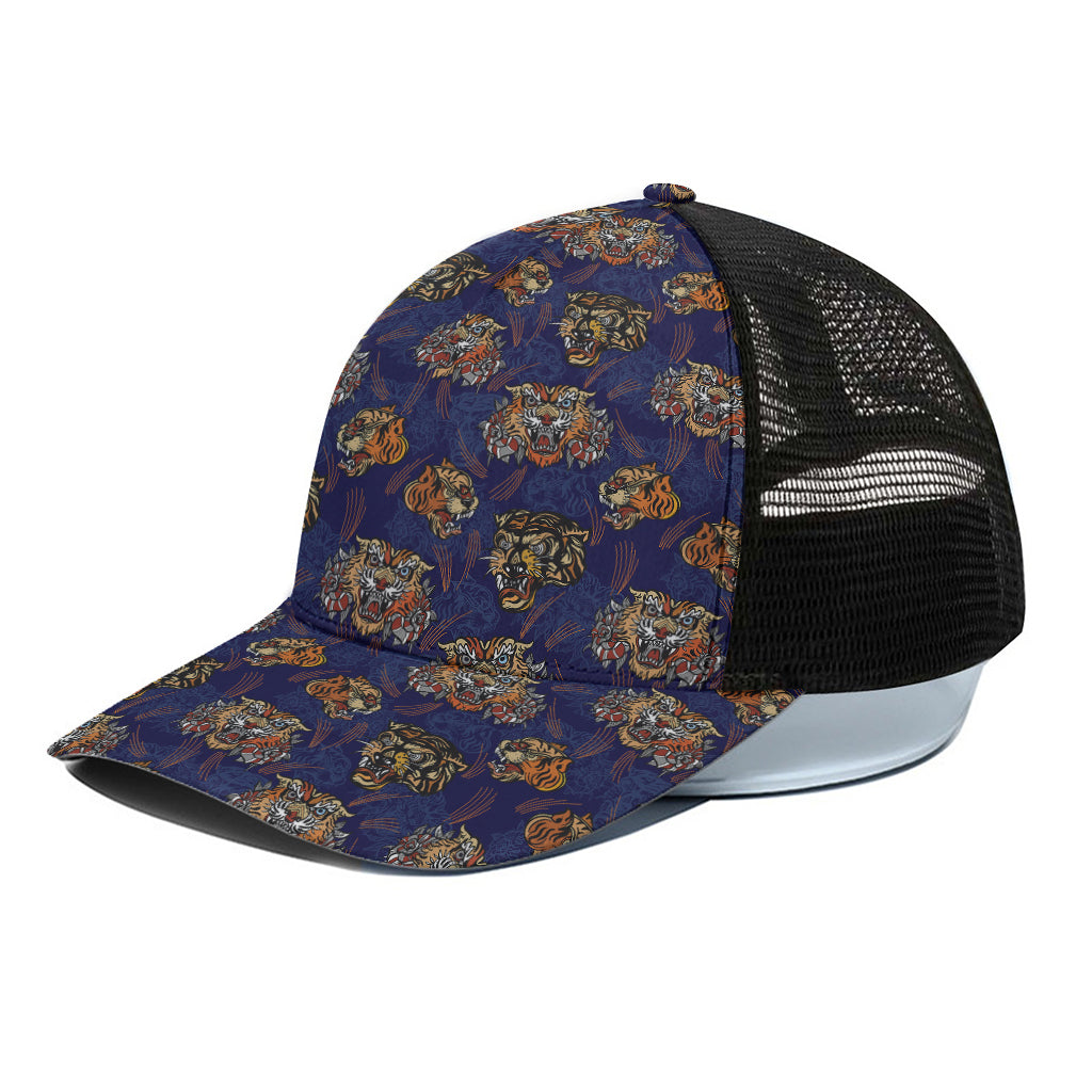 Blue Tiger Tattoo Pattern Print Black Mesh Trucker Cap