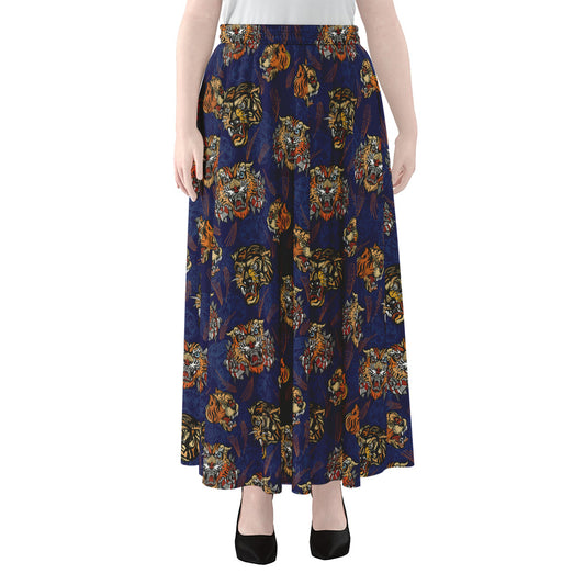 Blue Tiger Tattoo Pattern Print Chiffon Maxi Skirt
