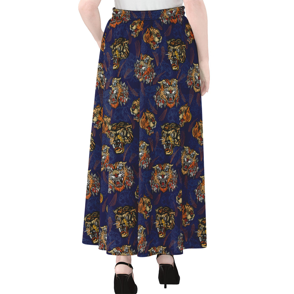Blue Tiger Tattoo Pattern Print Chiffon Maxi Skirt