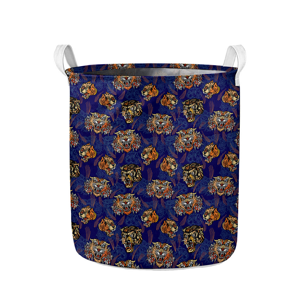 Blue Tiger Tattoo Pattern Print Collapsible Laundry Basket