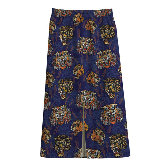 Blue Tiger Tattoo Pattern Print Cotton Front Slit Maxi Skirt