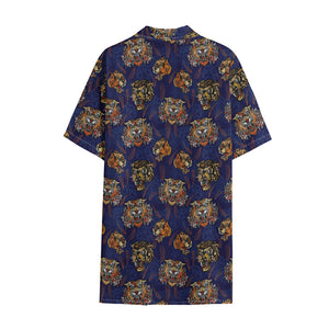 Blue Tiger Tattoo Pattern Print Cotton Hawaiian Shirt