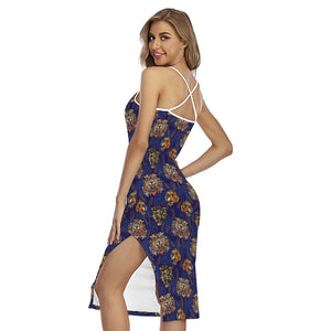 Blue Tiger Tattoo Pattern Print Cross Back Cami Dress