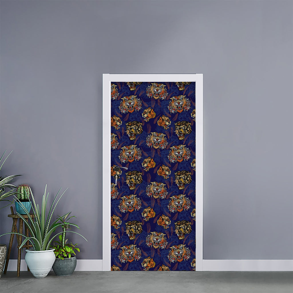 Blue Tiger Tattoo Pattern Print Door Sticker