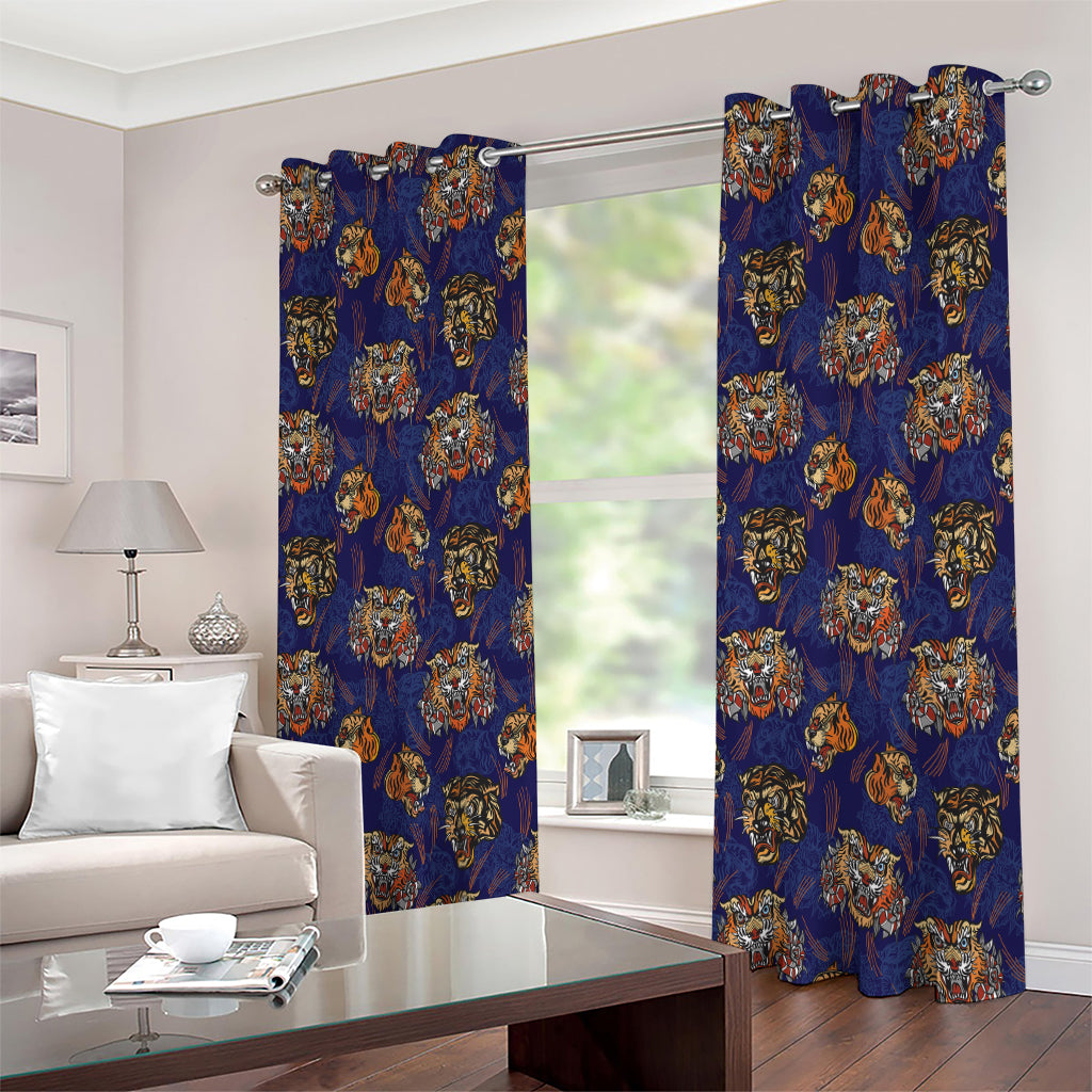 Blue Tiger Tattoo Pattern Print Extra Wide Grommet Curtains