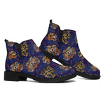 Blue Tiger Tattoo Pattern Print Flat Ankle Boots