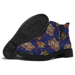 Blue Tiger Tattoo Pattern Print Flat Ankle Boots