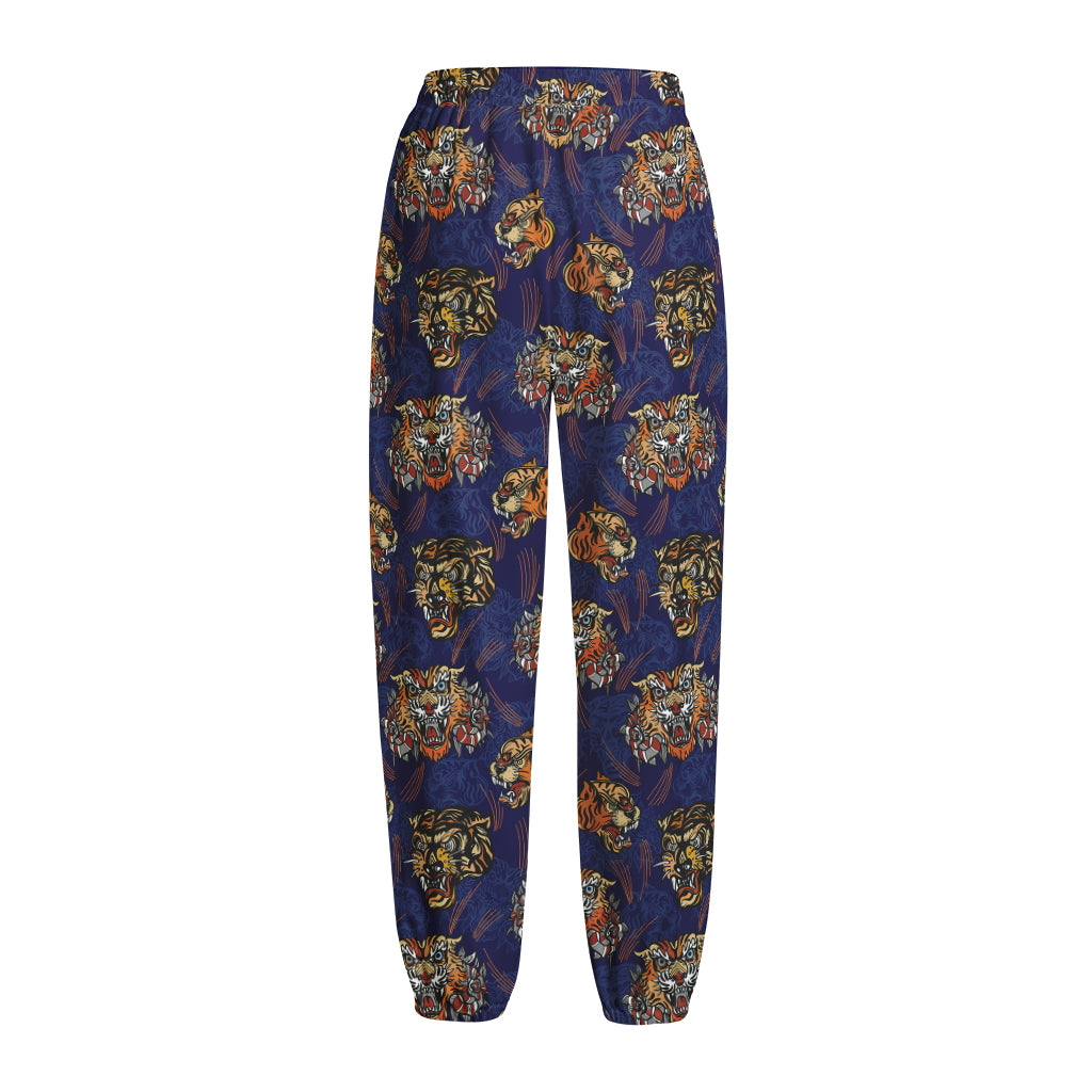 Blue Tiger Tattoo Pattern Print Fleece Lined Knit Pants