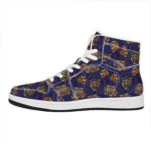 Blue Tiger Tattoo Pattern Print High Top Leather Sneakers