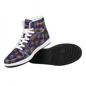 Blue Tiger Tattoo Pattern Print High Top Leather Sneakers