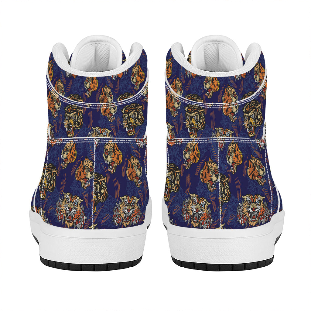 Blue Tiger Tattoo Pattern Print High Top Leather Sneakers