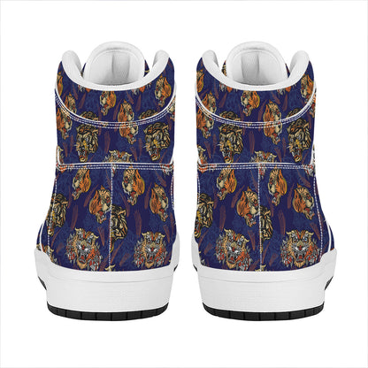 Blue Tiger Tattoo Pattern Print High Top Leather Sneakers