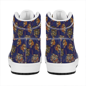 Blue Tiger Tattoo Pattern Print High Top Leather Sneakers