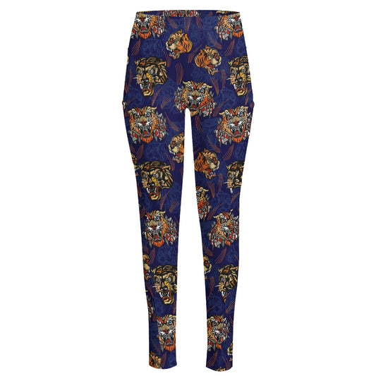 Blue Tiger Tattoo Pattern Print High-Waisted Pocket Leggings