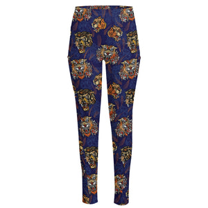 Blue Tiger Tattoo Pattern Print High-Waisted Pocket Leggings