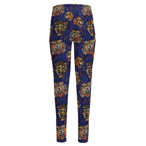 Blue Tiger Tattoo Pattern Print High-Waisted Pocket Leggings