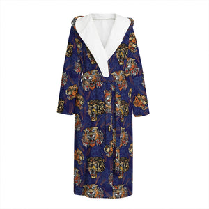 Blue Tiger Tattoo Pattern Print Hooded Bathrobe