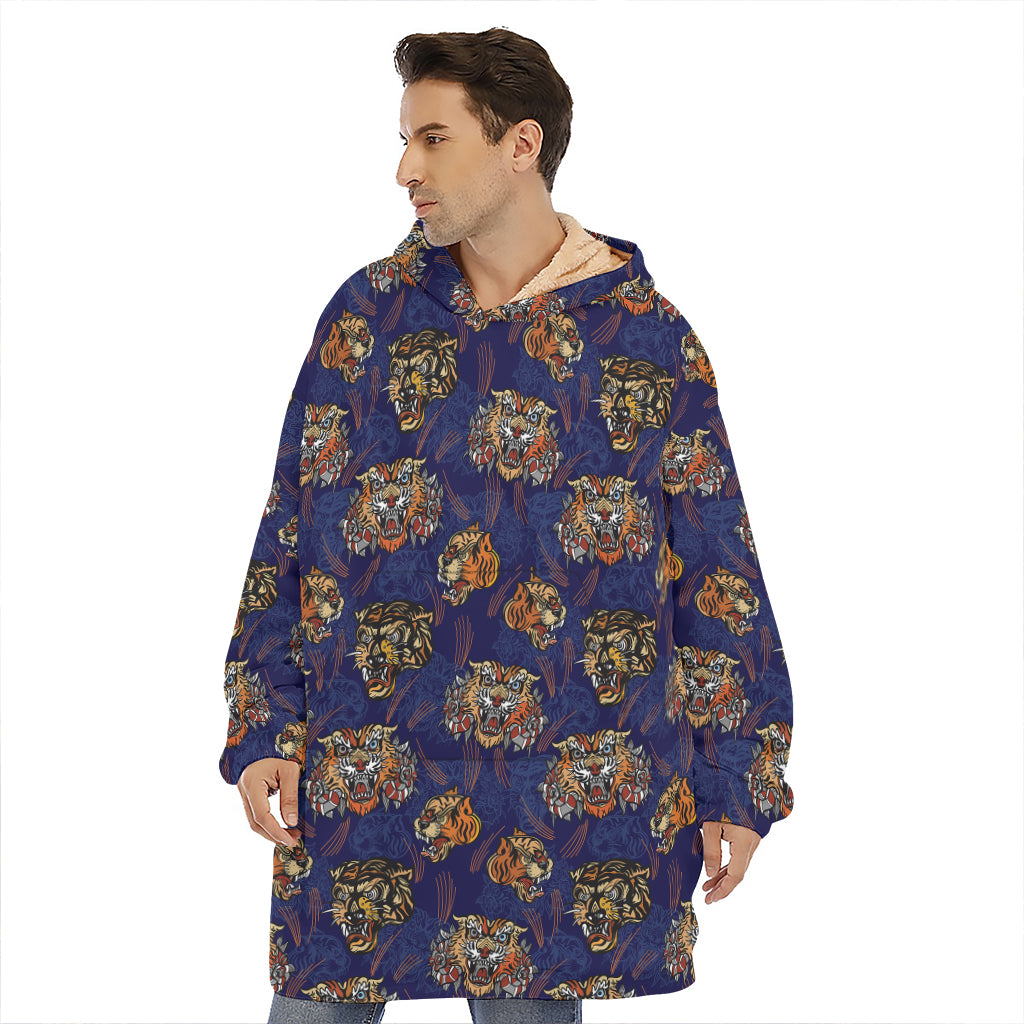 Blue Tiger Tattoo Pattern Print Hoodie Blanket