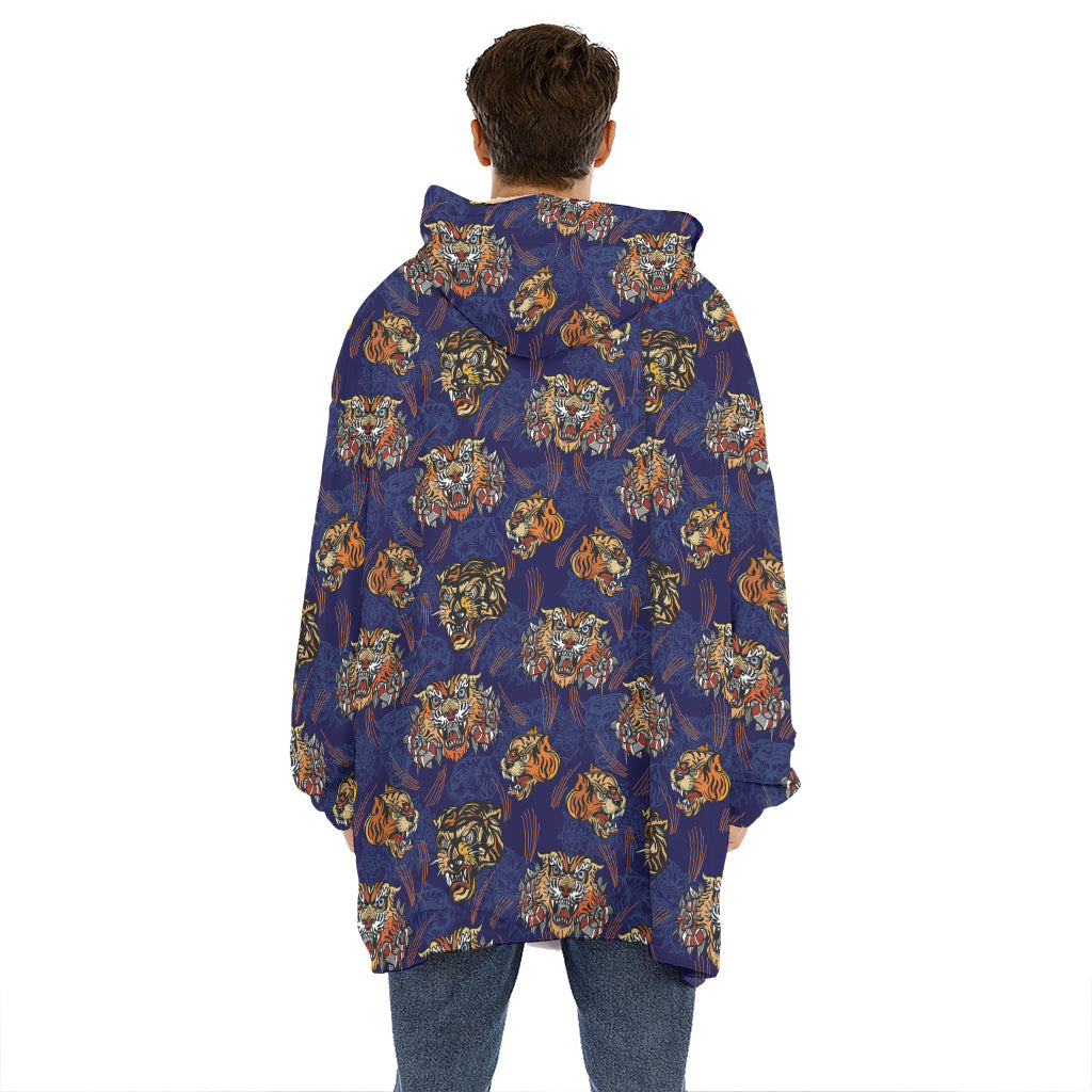 Blue Tiger Tattoo Pattern Print Hoodie Blanket