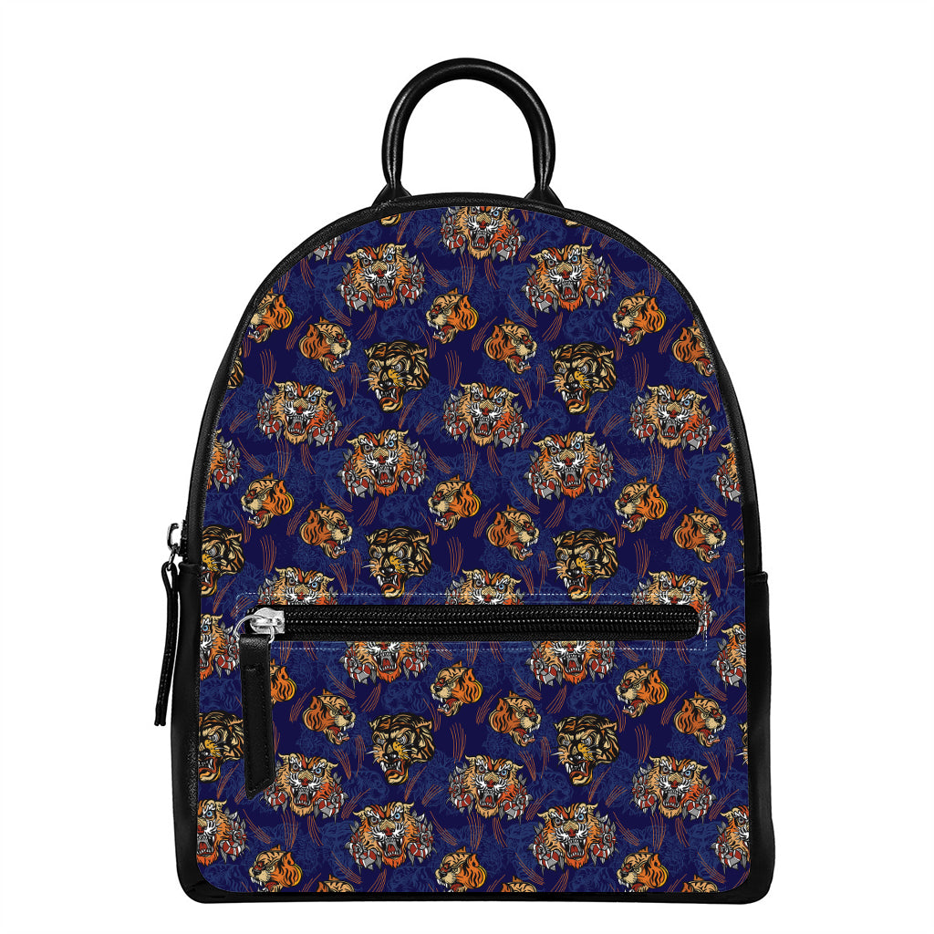 Blue Tiger Tattoo Pattern Print Leather Backpack