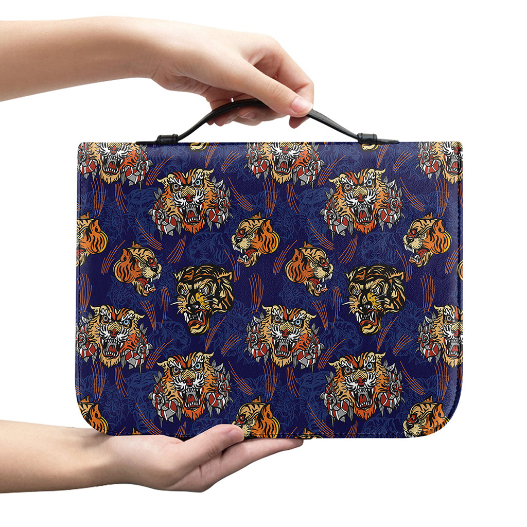 Blue Tiger Tattoo Pattern Print Leather Bible Cover