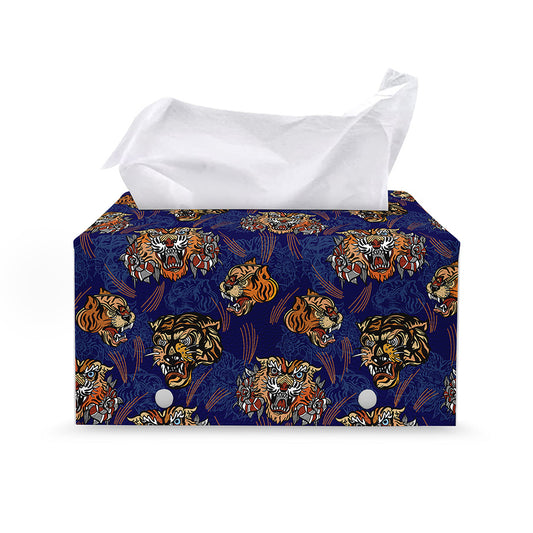 Blue Tiger Tattoo Pattern Print Leather Tissue Box Cover