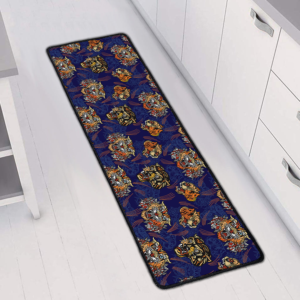 Blue Tiger Tattoo Pattern Print Long Kitchen Mat