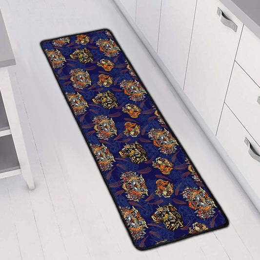 Blue Tiger Tattoo Pattern Print Long Kitchen Mat
