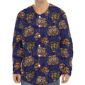 Blue Tiger Tattoo Pattern Print Long Sleeve Baseball Jersey