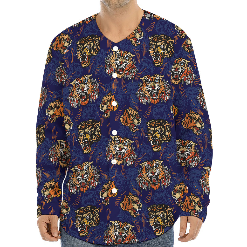 Blue Tiger Tattoo Pattern Print Long Sleeve Baseball Jersey