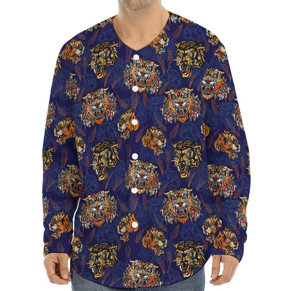Blue Tiger Tattoo Pattern Print Long Sleeve Baseball Jersey