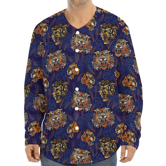 Blue Tiger Tattoo Pattern Print Long Sleeve Baseball Jersey