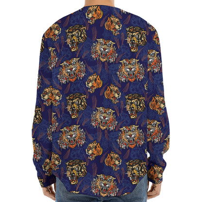 Blue Tiger Tattoo Pattern Print Long Sleeve Baseball Jersey