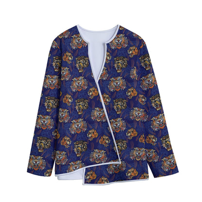 Blue Tiger Tattoo Pattern Print Long Sleeve Short Coat