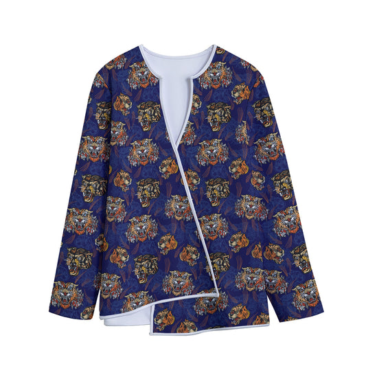 Blue Tiger Tattoo Pattern Print Long Sleeve Short Coat