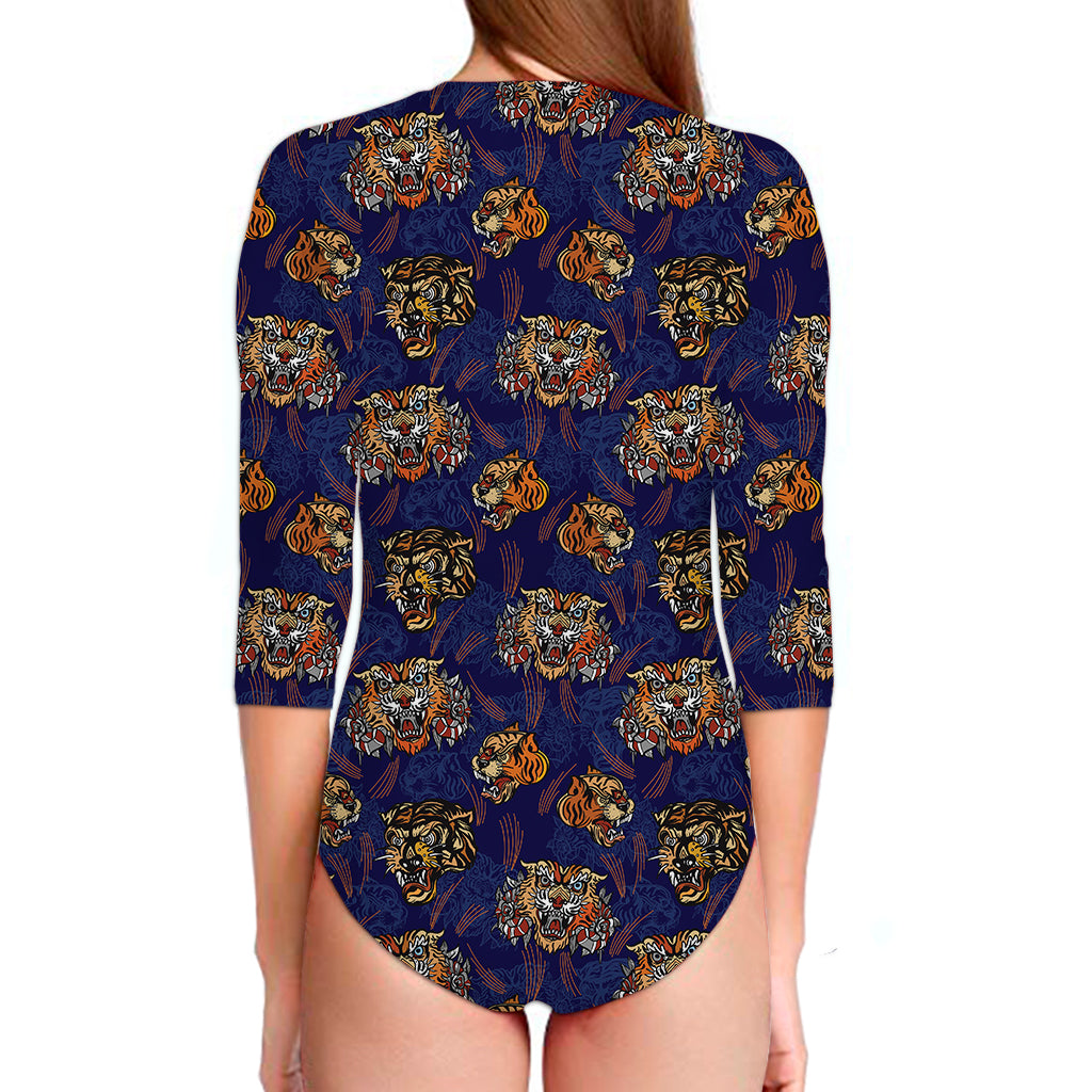 Blue Tiger Tattoo Pattern Print Long Sleeve Swimsuit