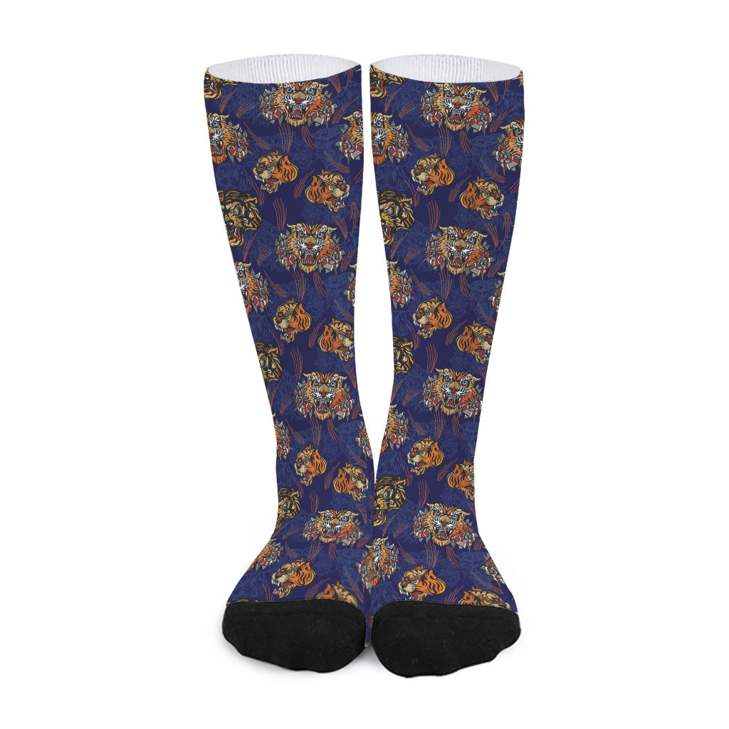 Blue Tiger Tattoo Pattern Print Long Socks