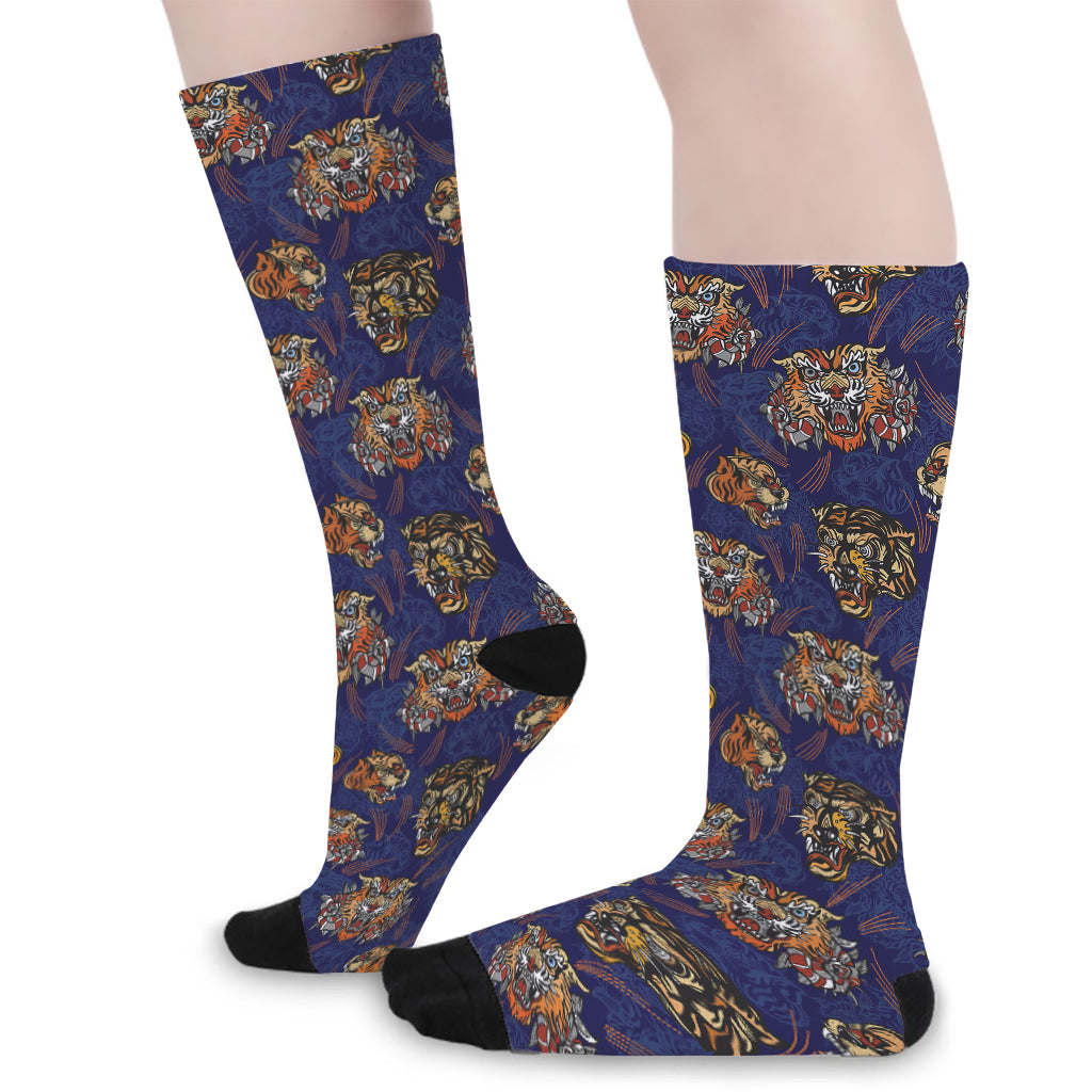 Blue Tiger Tattoo Pattern Print Long Socks
