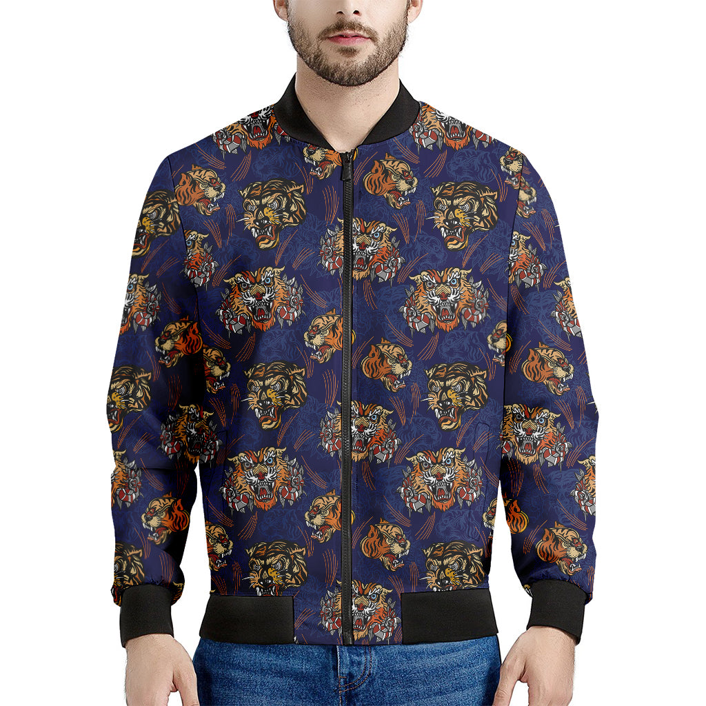 Blue Tiger Tattoo Pattern Print Men's Bomber Jacket