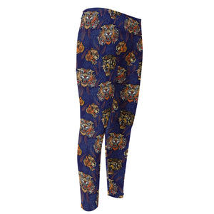 Blue Tiger Tattoo Pattern Print Men's Compression Pants