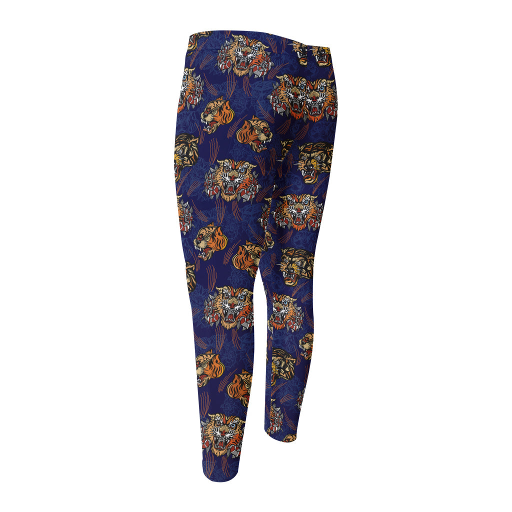 Blue Tiger Tattoo Pattern Print Men's Compression Pants