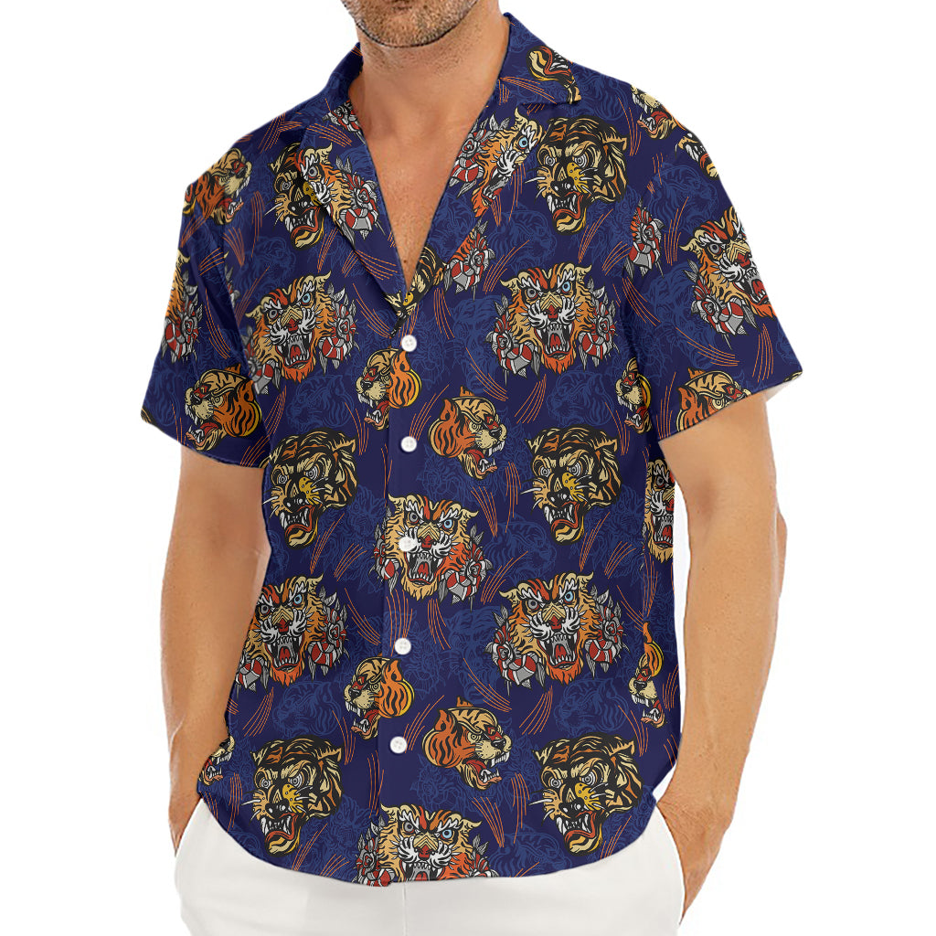 Blue Tiger Tattoo Pattern Print Men's Deep V-Neck Shirt