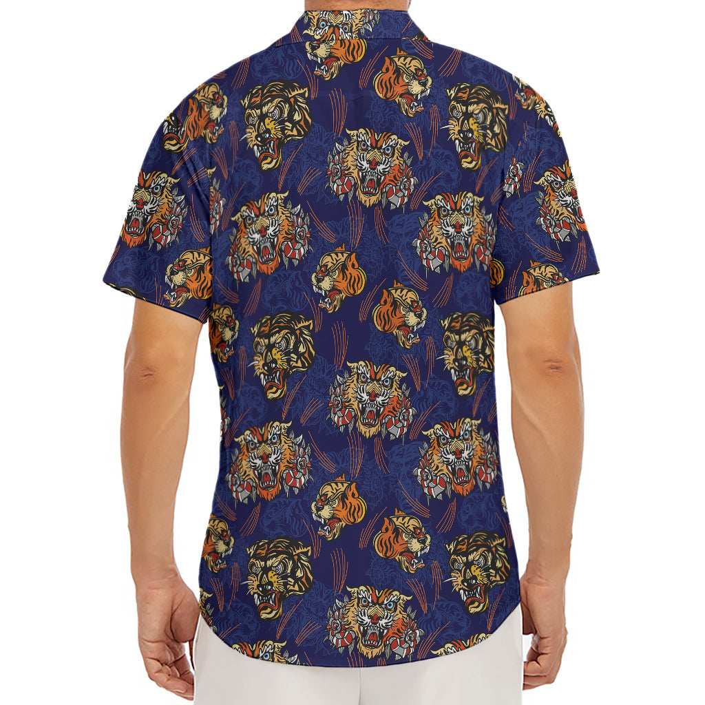 Blue Tiger Tattoo Pattern Print Men's Deep V-Neck Shirt