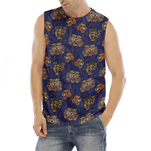 Blue Tiger Tattoo Pattern Print Men's Fitness Tank Top