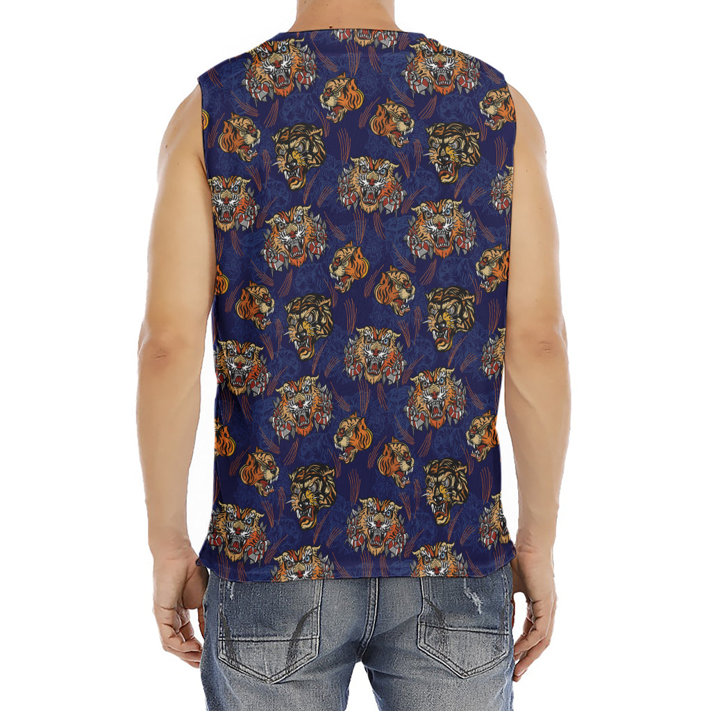 Blue Tiger Tattoo Pattern Print Men's Fitness Tank Top