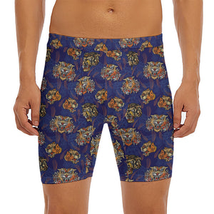 Blue Tiger Tattoo Pattern Print Men's Long Boxer Briefs