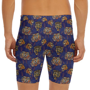 Blue Tiger Tattoo Pattern Print Men's Long Boxer Briefs