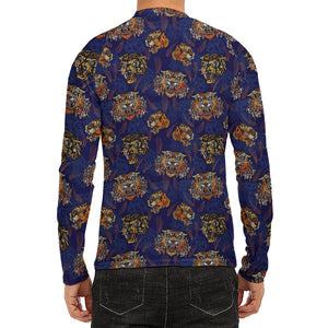 Blue Tiger Tattoo Pattern Print Men's Long Sleeve Rash Guard